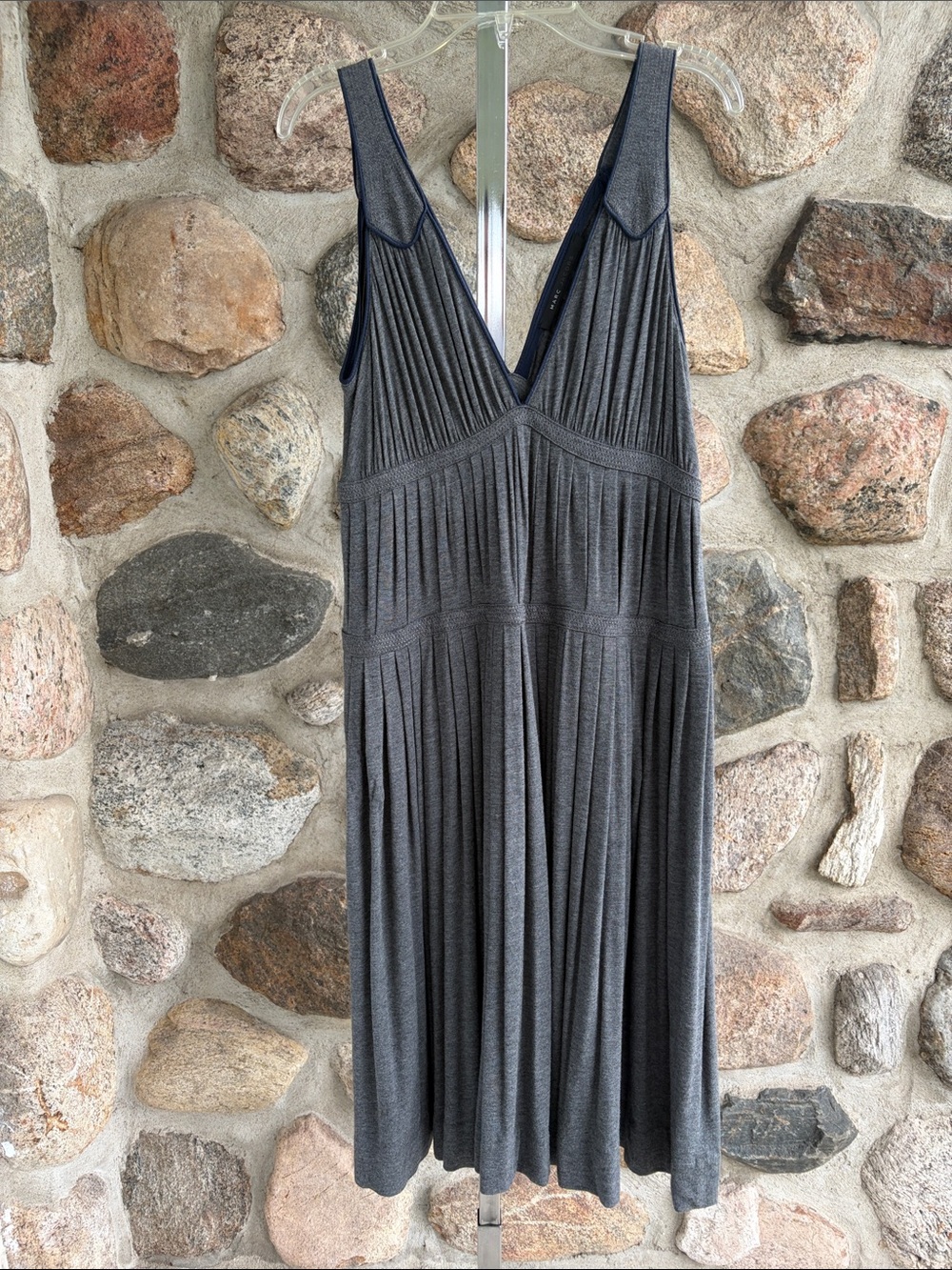 Marc Jacobs Dark Gray Pleated V-Neck Midi Dress